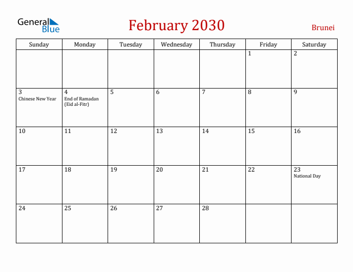 Brunei February 2030 Calendar - Sunday Start