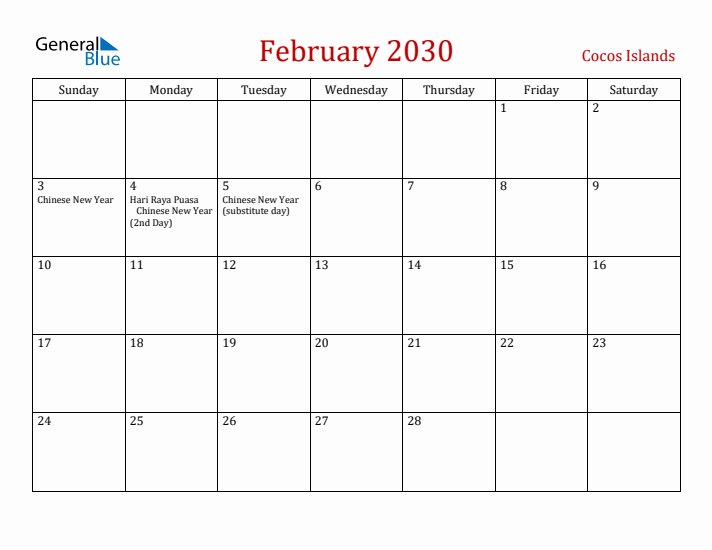 Cocos Islands February 2030 Calendar - Sunday Start