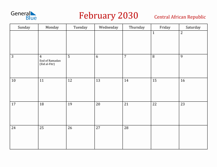 Central African Republic February 2030 Calendar - Sunday Start