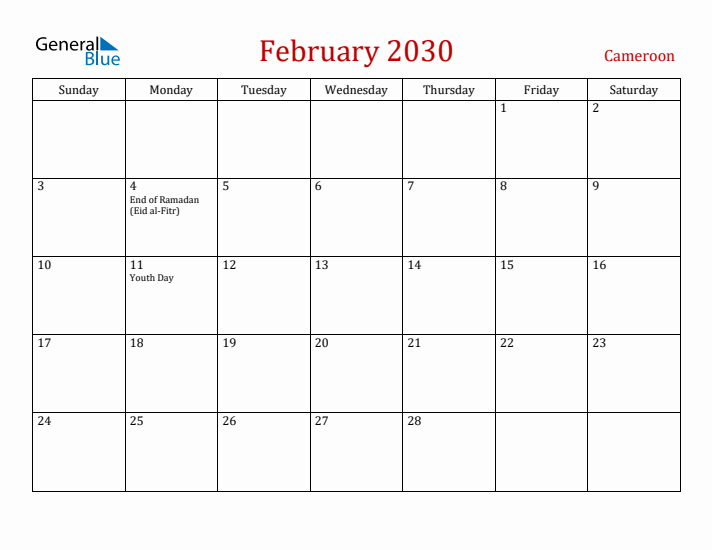 Cameroon February 2030 Calendar - Sunday Start
