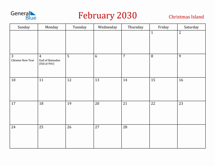 Christmas Island February 2030 Calendar - Sunday Start