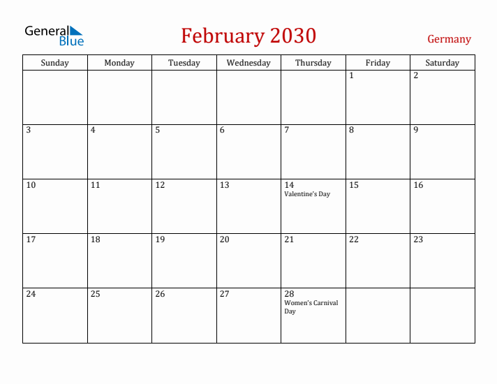 Germany February 2030 Calendar - Sunday Start