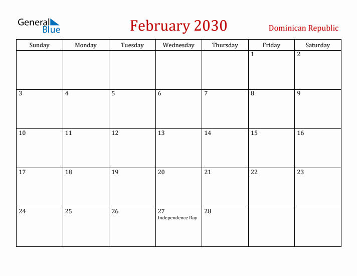 Dominican Republic February 2030 Calendar - Sunday Start