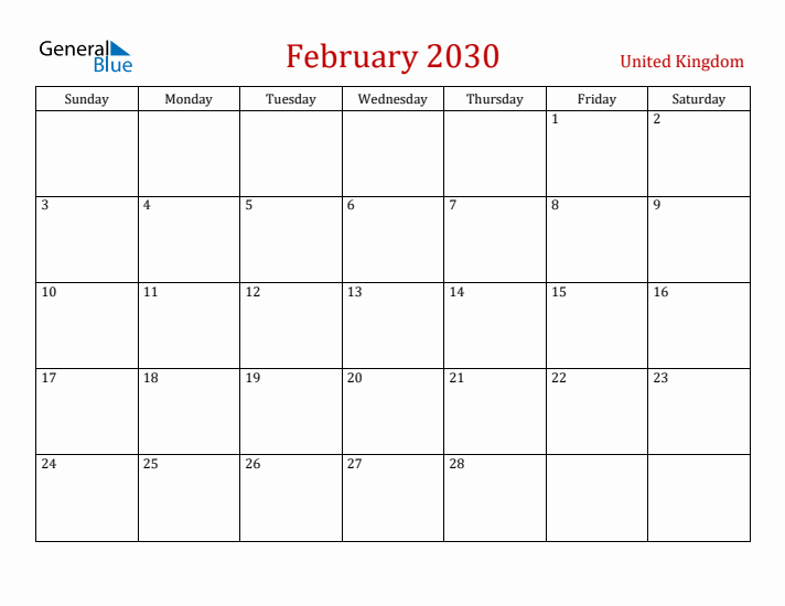 United Kingdom February 2030 Calendar - Sunday Start