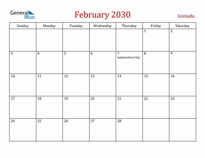 Grenada February 2030 Calendar - Sunday Start