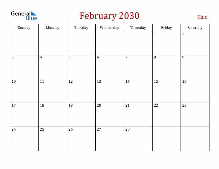 Haiti February 2030 Calendar - Sunday Start