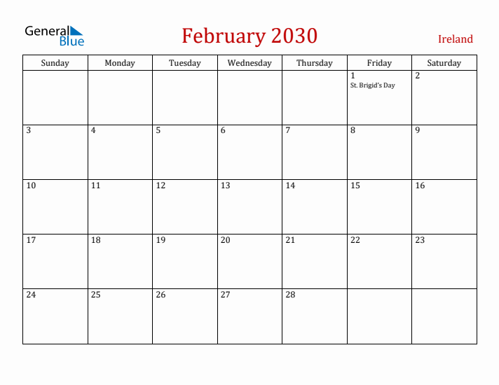 Ireland February 2030 Calendar - Sunday Start