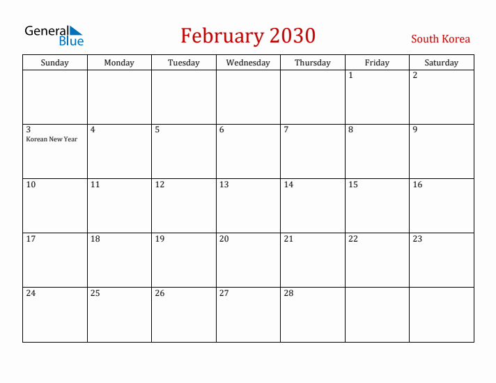 South Korea February 2030 Calendar - Sunday Start