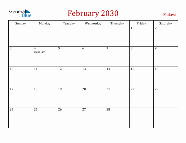 Malawi February 2030 Calendar - Sunday Start