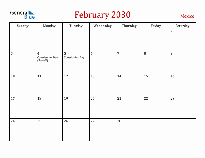 Mexico February 2030 Calendar - Sunday Start