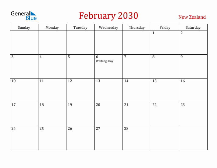 New Zealand February 2030 Calendar - Sunday Start