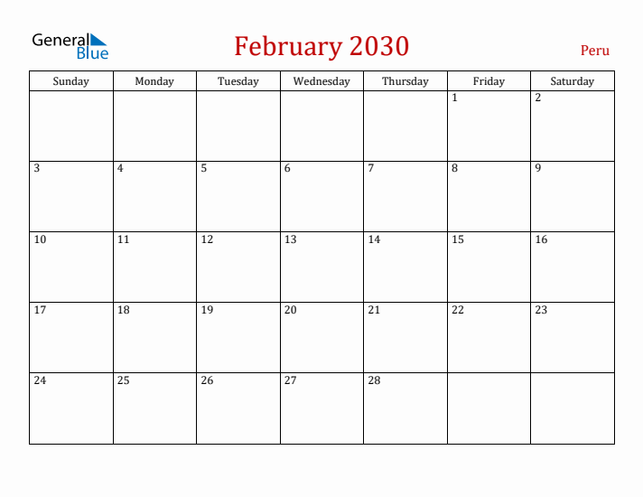 Peru February 2030 Calendar - Sunday Start