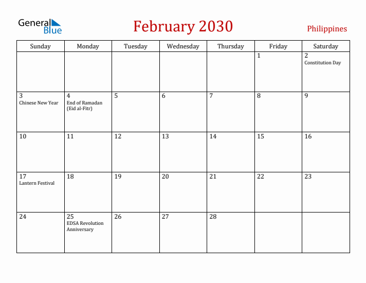 Philippines February 2030 Calendar - Sunday Start