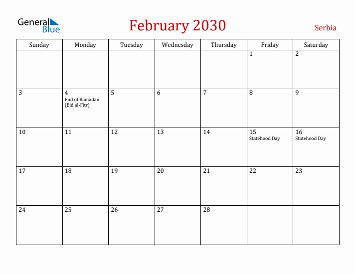 Serbia February 2030 Calendar - Sunday Start