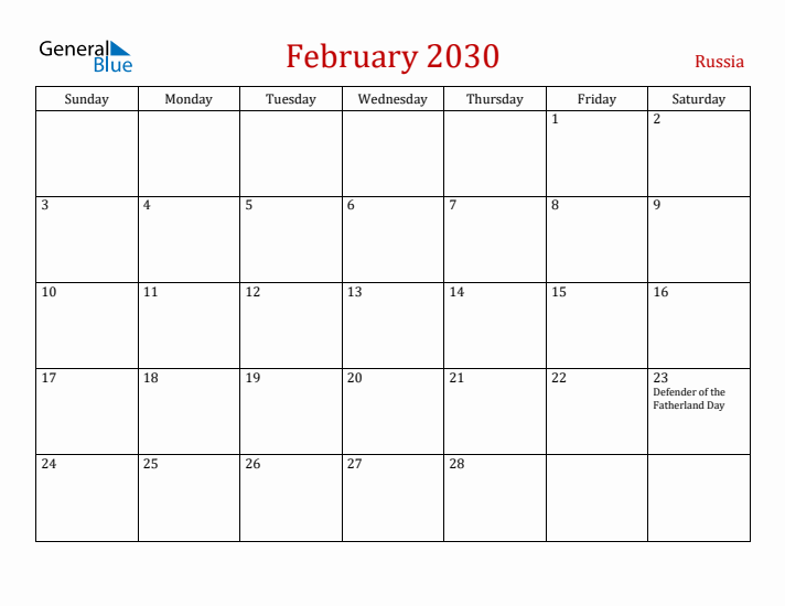 Russia February 2030 Calendar - Sunday Start