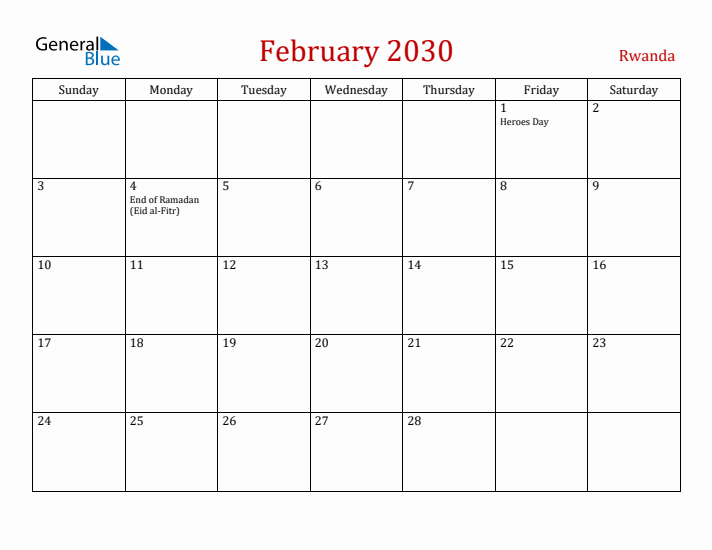 Rwanda February 2030 Calendar - Sunday Start