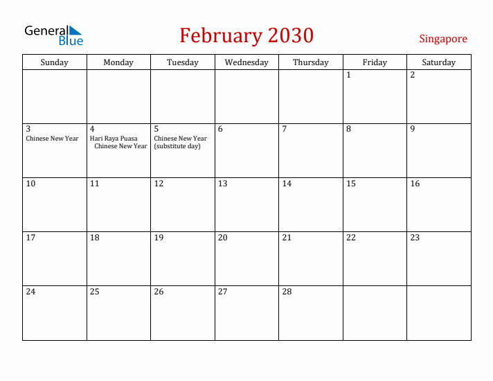Singapore February 2030 Calendar - Sunday Start