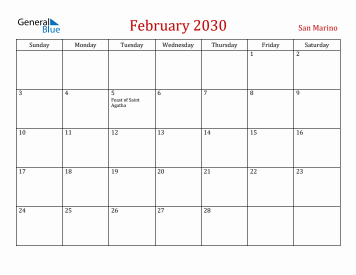San Marino February 2030 Calendar - Sunday Start