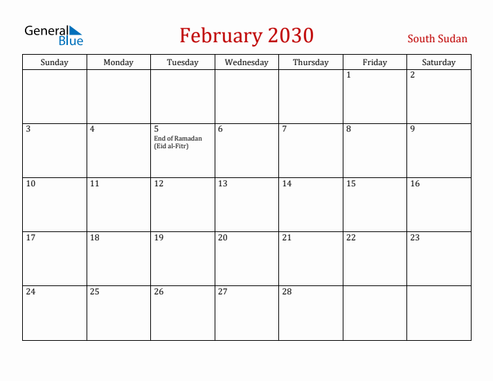South Sudan February 2030 Calendar - Sunday Start
