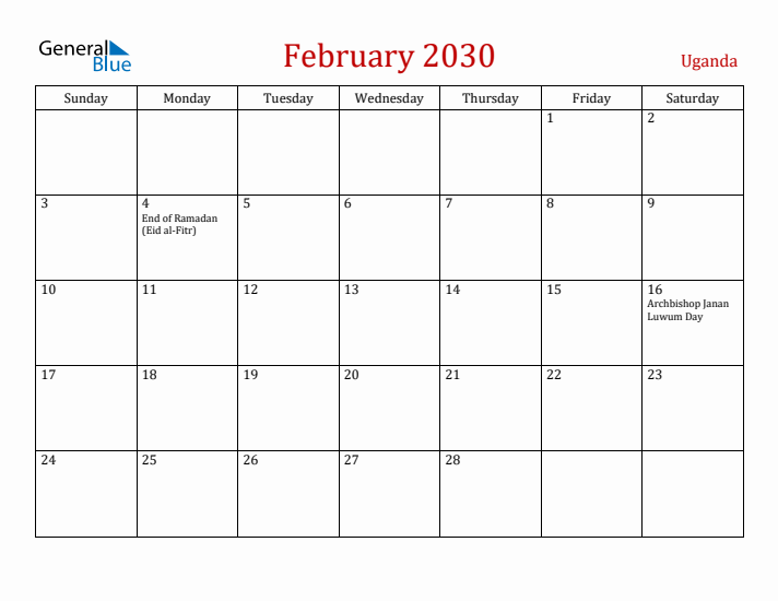 Uganda February 2030 Calendar - Sunday Start