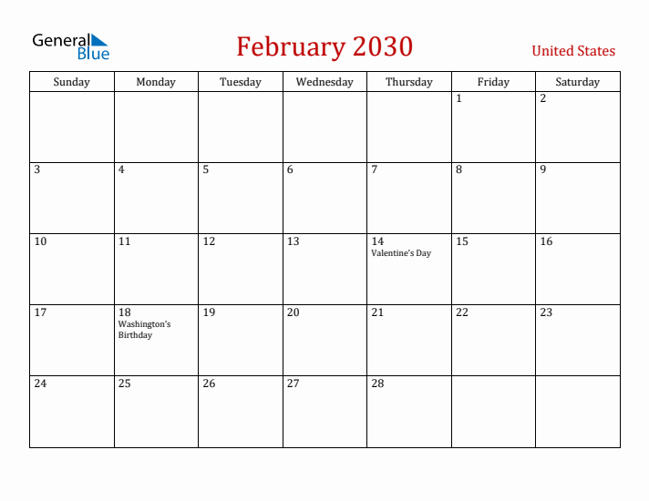 United States February 2030 Calendar - Sunday Start