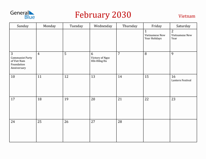 Vietnam February 2030 Calendar - Sunday Start