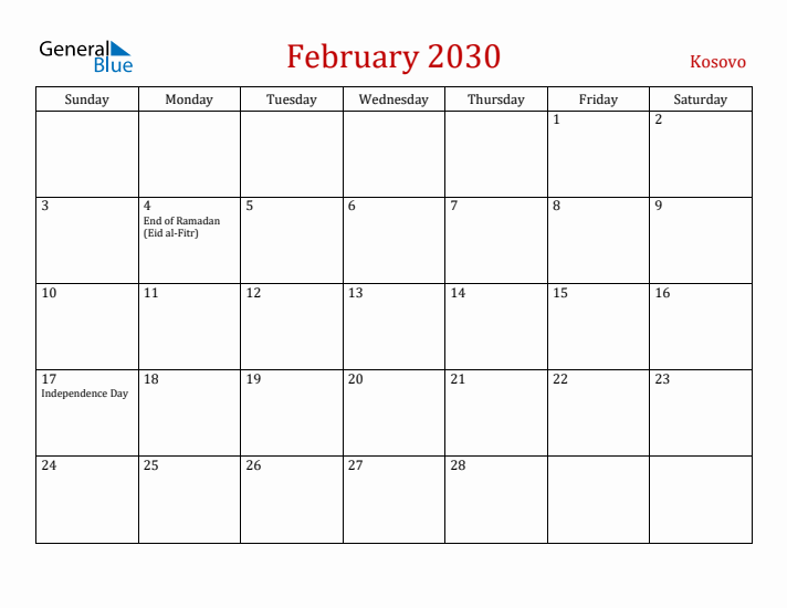 Kosovo February 2030 Calendar - Sunday Start