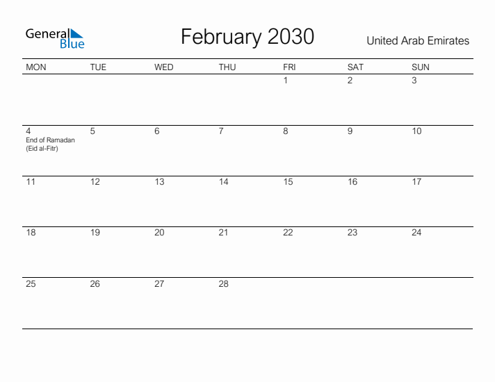 Printable February 2030 Calendar for United Arab Emirates