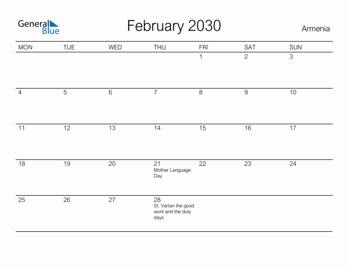 Printable February 2030 Calendar for Armenia