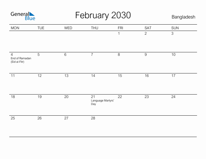 Printable February 2030 Calendar for Bangladesh