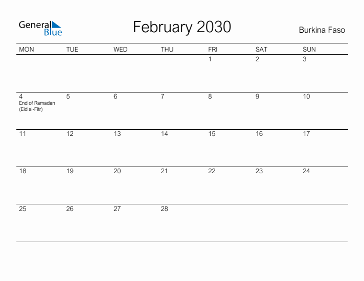 Printable February 2030 Calendar for Burkina Faso