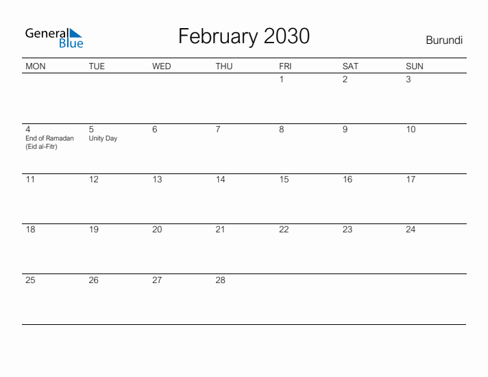Printable February 2030 Calendar for Burundi