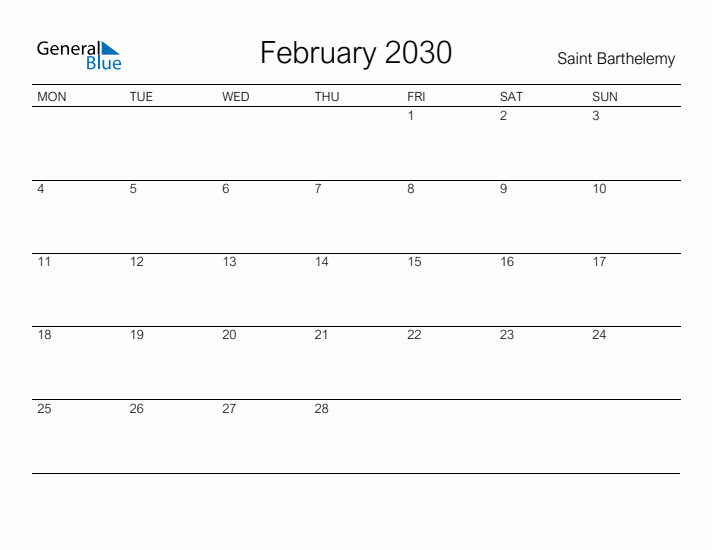 Printable February 2030 Calendar for Saint Barthelemy