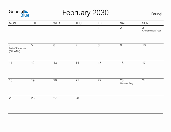 Printable February 2030 Calendar for Brunei