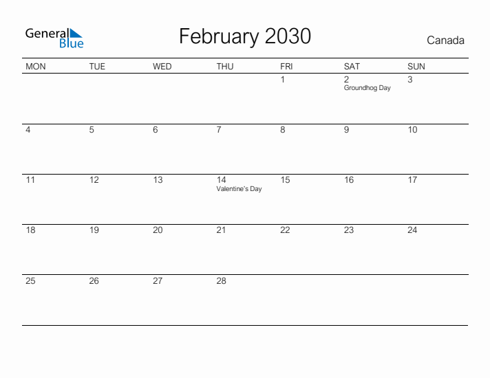 Printable February 2030 Calendar for Canada
