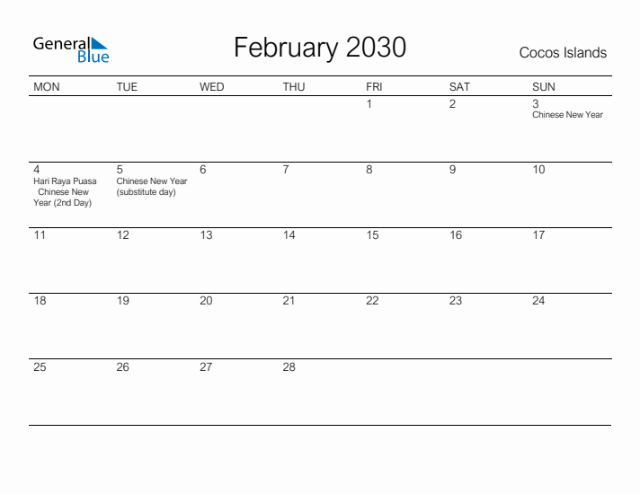 Printable February 2030 Calendar for Cocos Islands