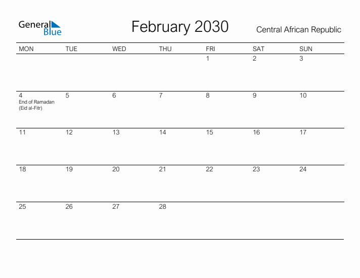 Printable February 2030 Calendar for Central African Republic