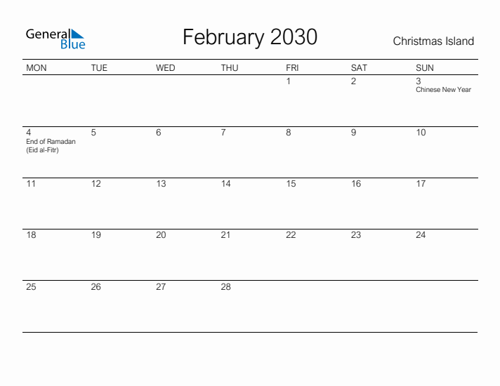 Printable February 2030 Calendar for Christmas Island