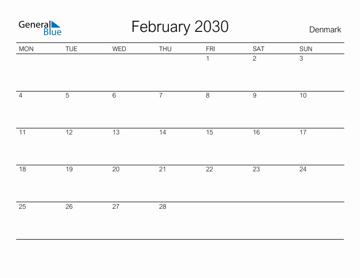 Printable February 2030 Calendar for Denmark