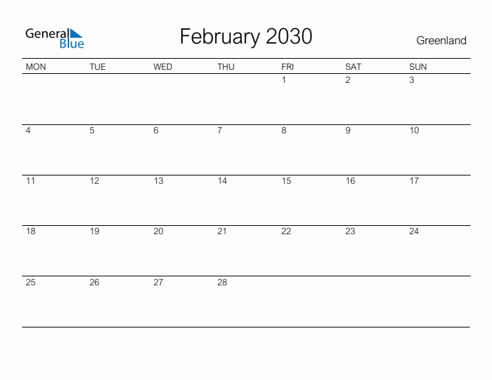 Printable February 2030 Calendar for Greenland