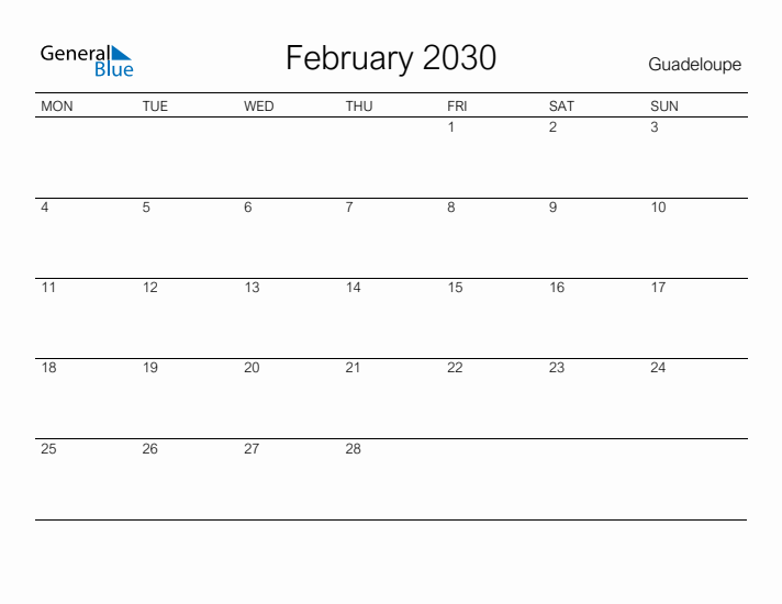 Printable February 2030 Calendar for Guadeloupe