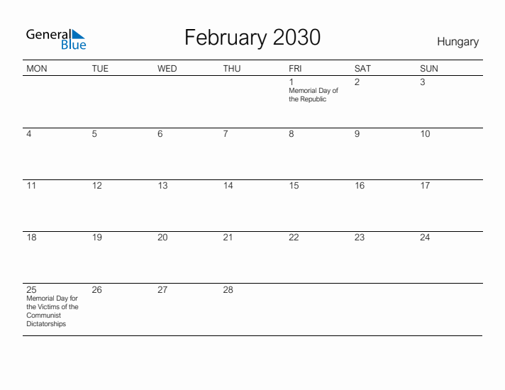 Printable February 2030 Calendar for Hungary