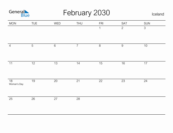 Printable February 2030 Calendar for Iceland