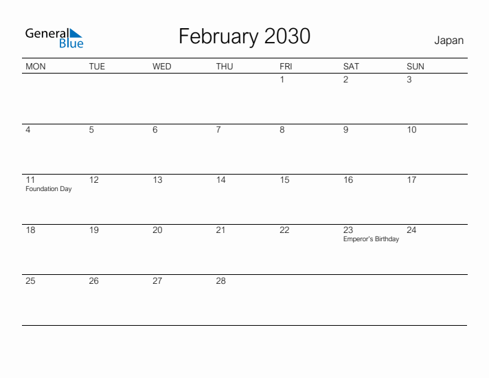 Printable February 2030 Calendar for Japan