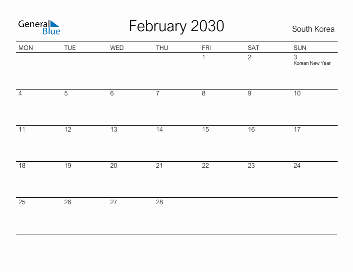 Printable February 2030 Calendar for South Korea