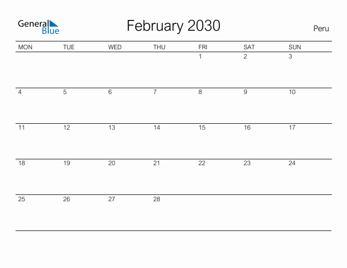 Printable February 2030 Calendar for Peru