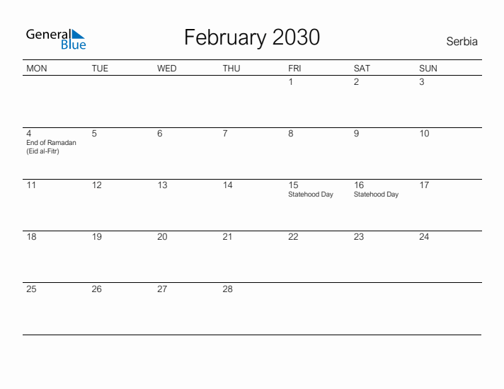 Printable February 2030 Calendar for Serbia