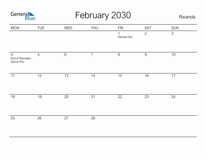 Printable February 2030 Calendar for Rwanda