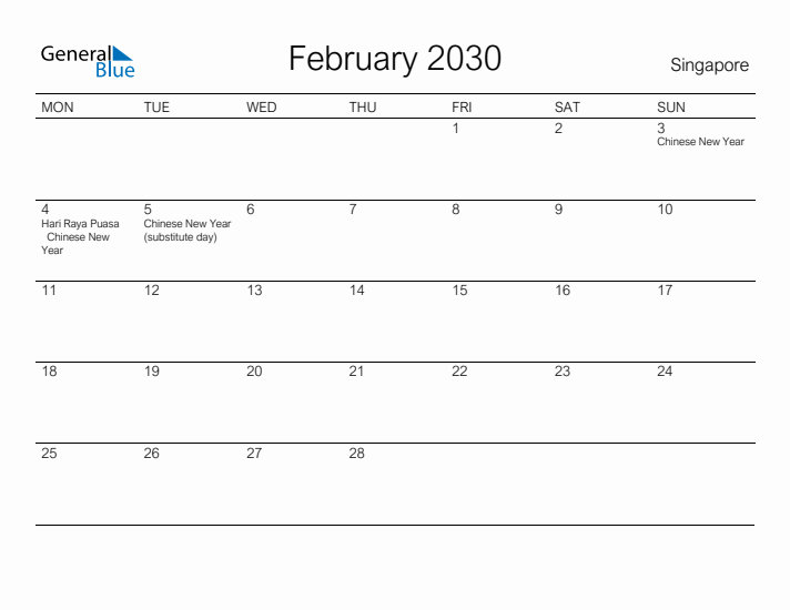 Printable February 2030 Calendar for Singapore