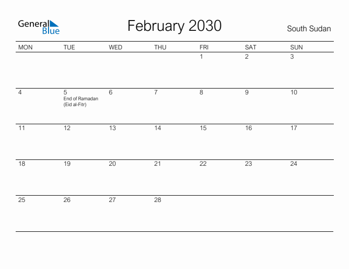 Printable February 2030 Calendar for South Sudan
